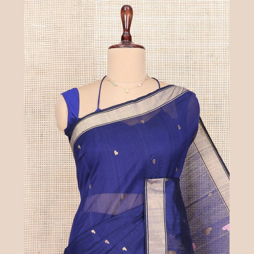 Pothys Blue Chanderi Cotton Saree, Adorned with Heart Buttas All Over Its Body, Highlighted by a Self-Border, Pallu Steeped with Heart Motifs, and Paired with a Matching Blouse