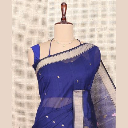 Pothys Blue Chanderi Cotton Saree, Adorned with Heart Buttas All Over Its Body, Highlighted by a Self-Border, Pallu Steeped with Heart Motifs, and Paired with a Matching Blouse