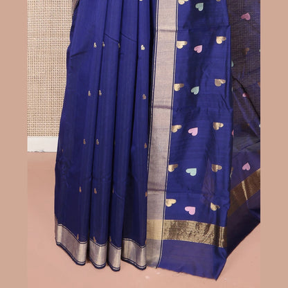 Pothys Blue Chanderi Cotton Saree, Adorned with Heart Buttas All Over Its Body, Highlighted by a Self-Border, Pallu Steeped with Heart Motifs, and Paired with a Matching Blouse