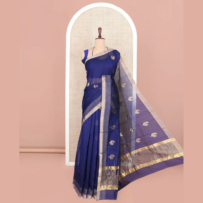 Pothys Blue Chanderi Cotton Saree, Enthralled with Peacock Buttas All Over Its Body, Highlighted by a Self-Border, Pallu Steeped with Zari Stripes, and Paired with a Matching Blouse