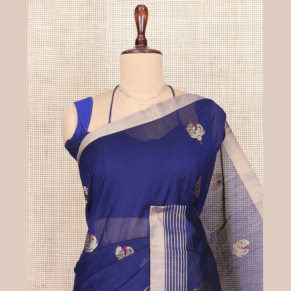Pothys Blue Chanderi Cotton Saree, Enthralled with Peacock Buttas All Over Its Body, Highlighted by a Self-Border, Pallu Steeped with Zari Stripes, and Paired with a Matching Blouse