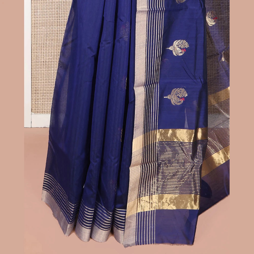 Pothys Blue Chanderi Cotton Saree, Enthralled with Peacock Buttas All Over Its Body, Highlighted by a Self-Border, Pallu Steeped with Zari Stripes, and Paired with a Matching Blouse