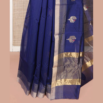 Pothys Blue Chanderi Cotton Saree, Enthralled with Peacock Buttas All Over Its Body, Highlighted by a Self-Border, Pallu Steeped with Zari Stripes, and Paired with a Matching Blouse