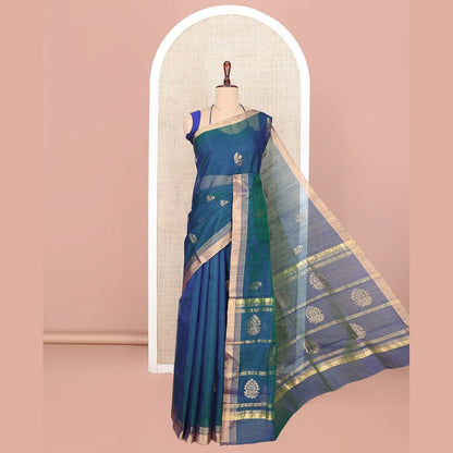 Pothys Blue Chanderi Cotton Saree, Featuring Buttas All Over Its Body, Complemented by a Zari Border, Pallu Steeped with Zari Buttas and Stripes, and Paired with a Matching Blouse