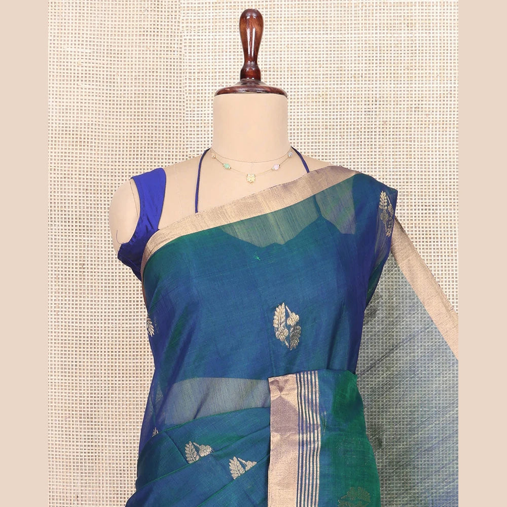 Pothys Blue Chanderi Cotton Saree, Featuring Buttas All Over Its Body, Complemented by a Zari Border, Pallu Steeped with Zari Buttas and Stripes, and Paired with a Matching Blouse