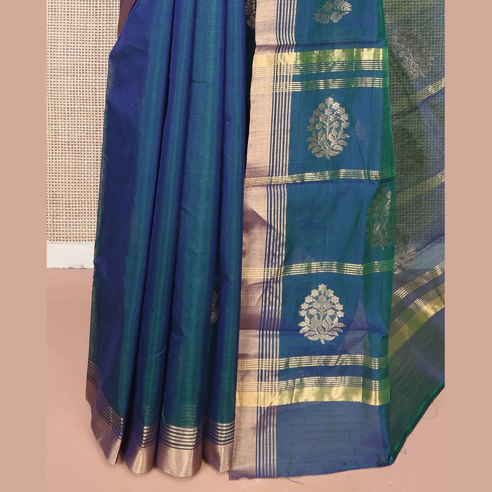 Pothys Blue Chanderi Cotton Saree, Featuring Buttas All Over Its Body, Complemented by a Zari Border, Pallu Steeped with Zari Buttas and Stripes, and Paired with a Matching Blouse