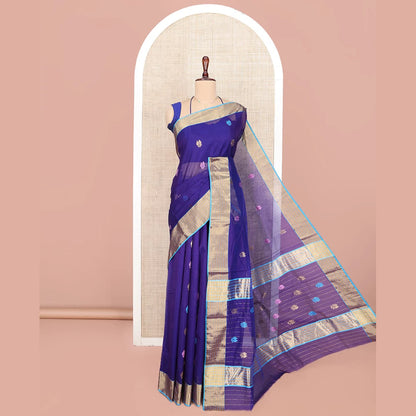 Pothys Blue Chanderi Cotton Saree, Enlivened with Leaf Buttas All Over Its Body, Complemented by a Contrast Zari Border, Pallu Steeped with Buttas and Stripes, and Paired with a Matching Blouse