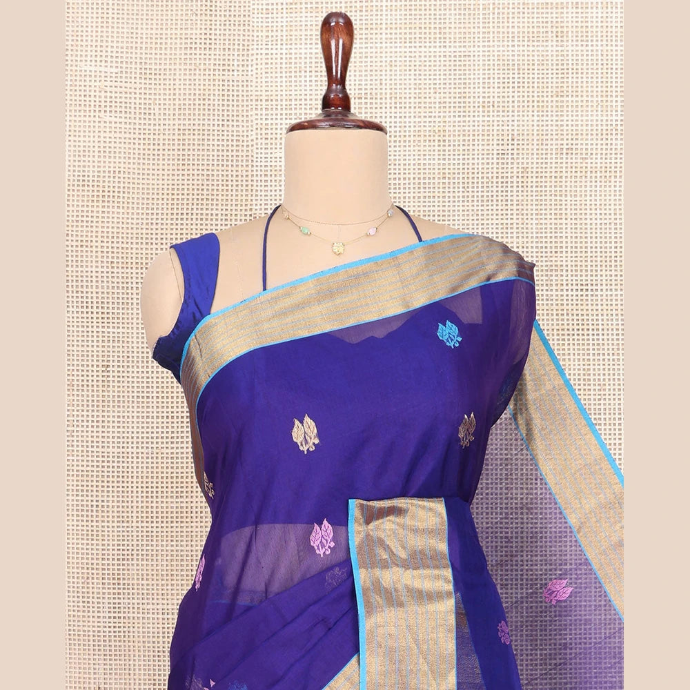Pothys Blue Chanderi Cotton Saree, Enlivened with Leaf Buttas All Over Its Body, Complemented by a Contrast Zari Border, Pallu Steeped with Buttas and Stripes, and Paired with a Matching Blouse