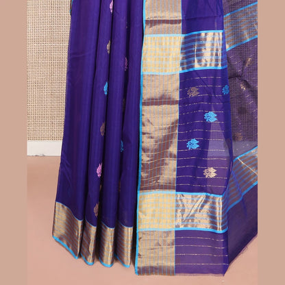 Pothys Blue Chanderi Cotton Saree, Enlivened with Leaf Buttas All Over Its Body, Complemented by a Contrast Zari Border, Pallu Steeped with Buttas and Stripes, and Paired with a Matching Blouse