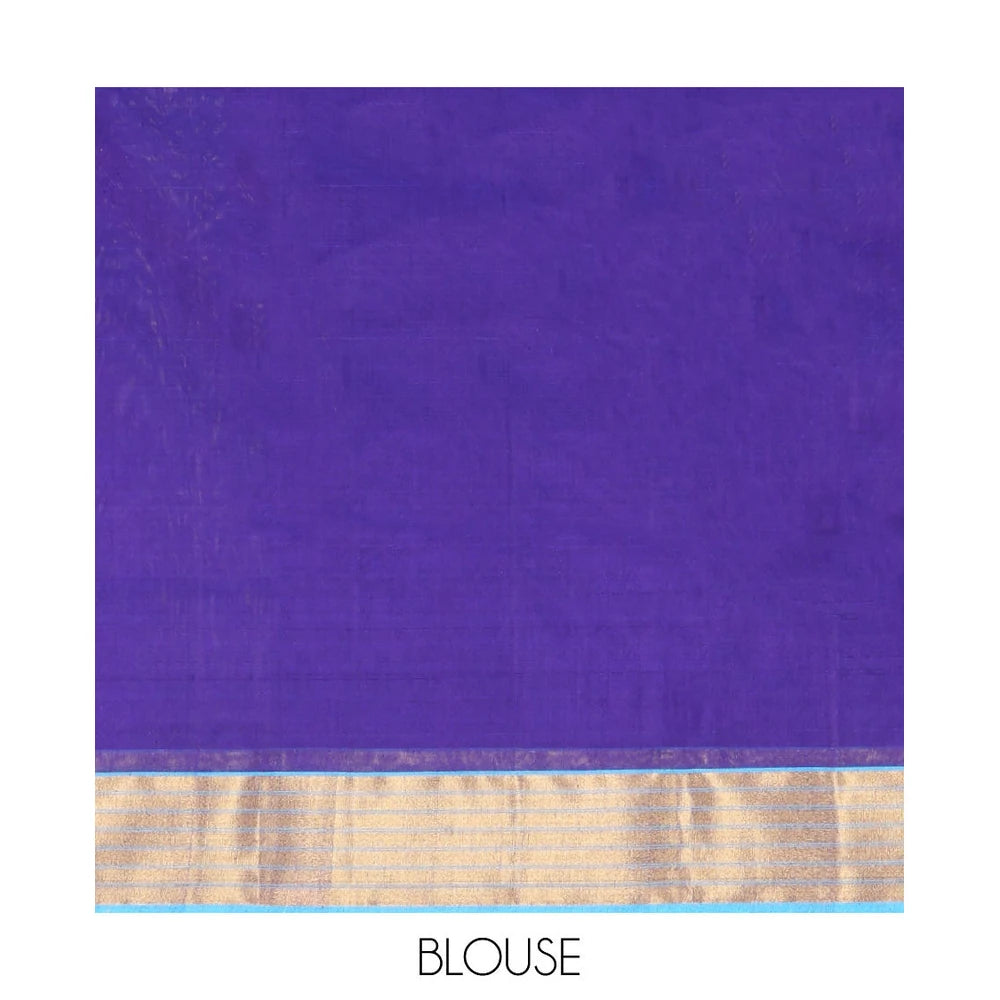 Pothys Blue Chanderi Cotton Saree, Enlivened with Leaf Buttas All Over Its Body, Complemented by a Contrast Zari Border, Pallu Steeped with Buttas and Stripes, and Paired with a Matching Blouse
