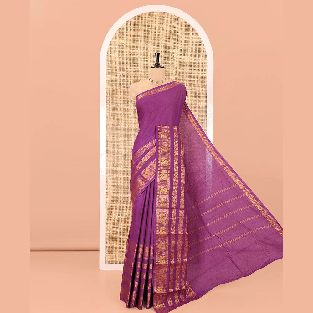 Pothys Violet Plain Sungudi Cotton Saree, Highlighted by Traditional Zari Border of Peacock and Floral Creeper Designs, Subtly Striped Pallu, and Paired with a Contrast Blouse