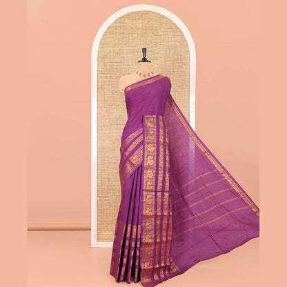 Pothys Violet Plain Sungudi Cotton Saree, Highlighted by Traditional Zari Border of Peacock and Floral Creeper Designs, Subtly Striped Pallu, and Paired with a Contrast Blouse