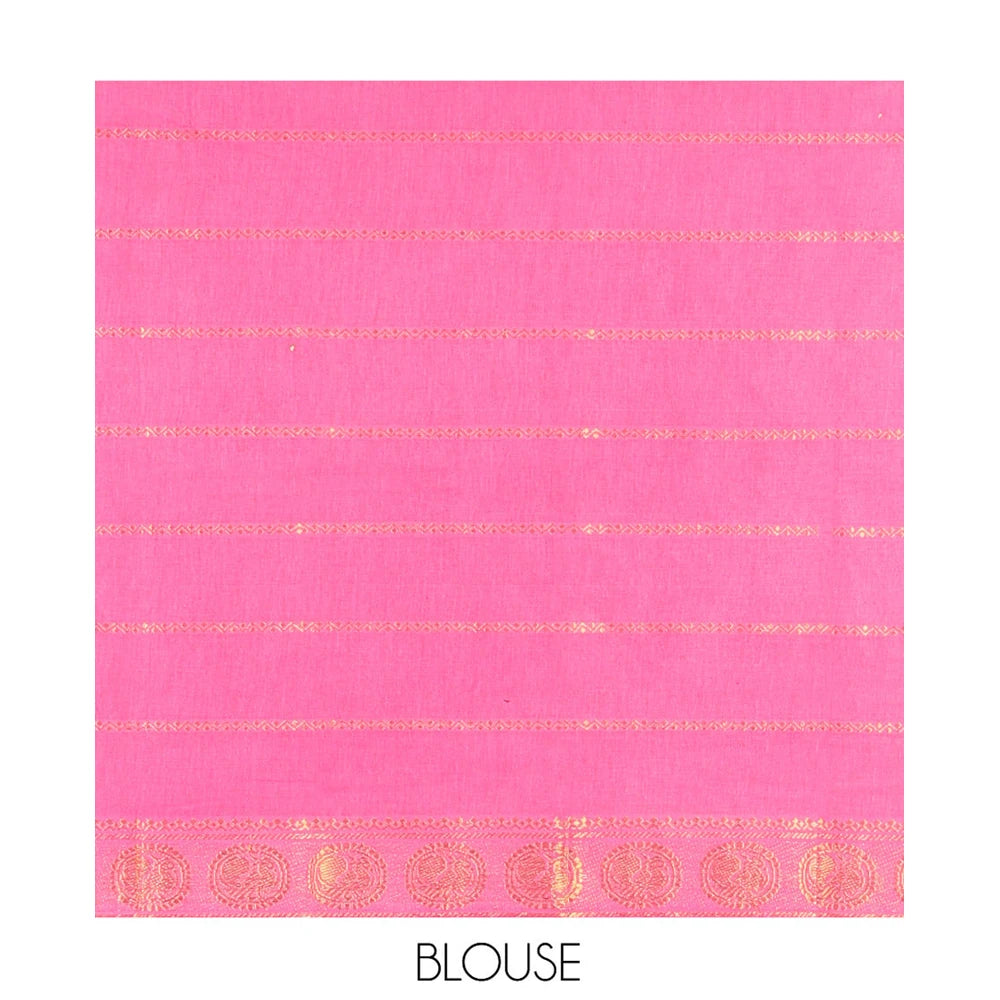 Pothys Violet Plain Sungudi Cotton Saree, Highlighted by Traditional Zari Border of Peacock and Floral Creeper Designs, Subtly Striped Pallu, and Paired with a Contrast Blouse