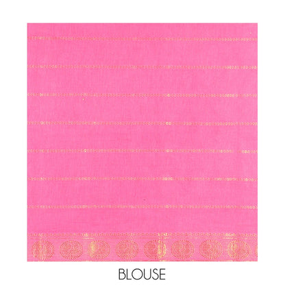 Pothys Violet Plain Sungudi Cotton Saree, Highlighted by Traditional Zari Border of Peacock and Floral Creeper Designs, Subtly Striped Pallu, and Paired with a Contrast Blouse