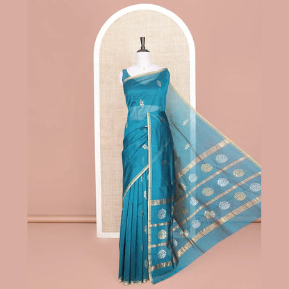 Pothys Blue Chanderi Cotton Saree, Decorated with Zari Buttas All Over Its Body, Highlighted by a Zari Piping Border, Pallu Steeped with Zari Buttas, and Paired with a Matching Blouse