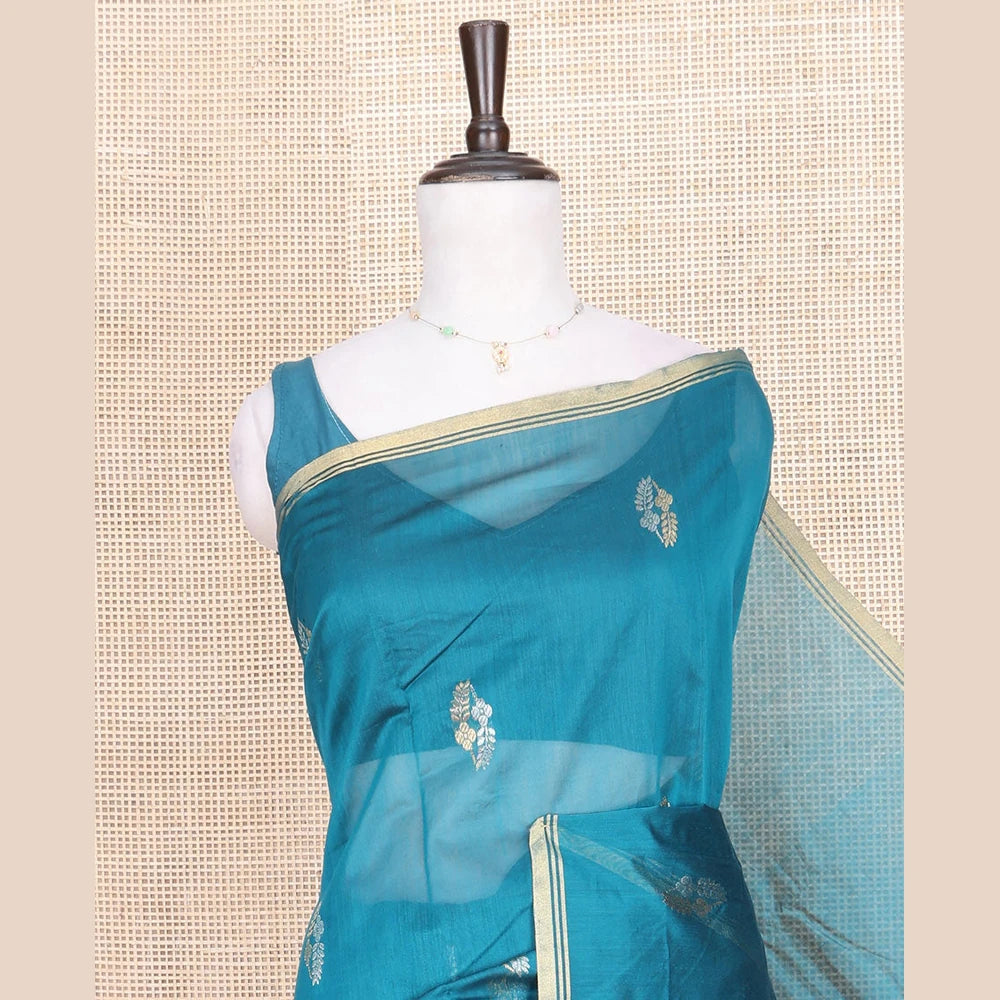 Pothys Blue Chanderi Cotton Saree, Decorated with Zari Buttas All Over Its Body, Highlighted by a Zari Piping Border, Pallu Steeped with Zari Buttas, and Paired with a Matching Blouse