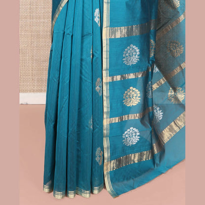 Pothys Blue Chanderi Cotton Saree, Decorated with Zari Buttas All Over Its Body, Highlighted by a Zari Piping Border, Pallu Steeped with Zari Buttas, and Paired with a Matching Blouse