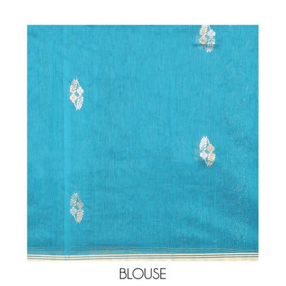 Pothys Blue Chanderi Cotton Saree, Decorated with Zari Buttas All Over Its Body, Highlighted by a Zari Piping Border, Pallu Steeped with Zari Buttas, and Paired with a Matching Blouse