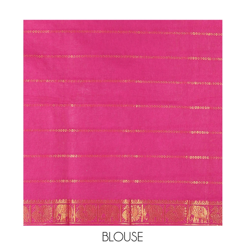 Pothys Blue Plain Sungudi Cotton Saree, Highlighted by Traditional Zari Border of Peacock and Floral Creeper Designs, Subtly Striped Pallu, and Paired with a Contrast Blouse
