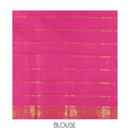 Pothys Blue Plain Sungudi Cotton Saree, Highlighted by Traditional Zari Border of Peacock and Floral Creeper Designs, Subtly Striped Pallu, and Paired with a Contrast Blouse