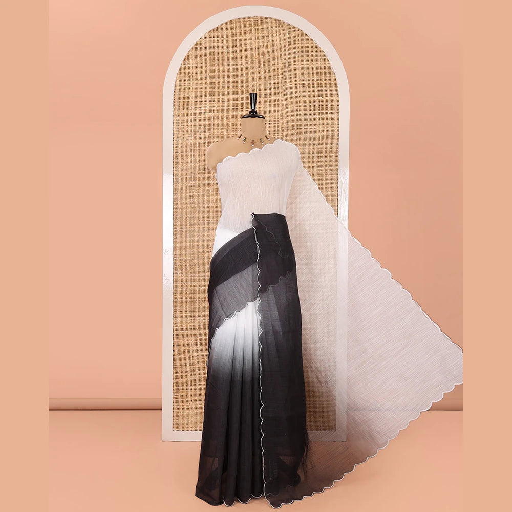 Pothys Black and White Ombre Dyed Linen Cotton Saree, Subtle Scallop Border, Paired with a Face Printed Blouse