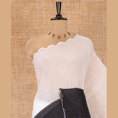 Pothys Black and White Ombre Dyed Linen Cotton Saree, Subtle Scallop Border, Paired with a Face Printed Blouse