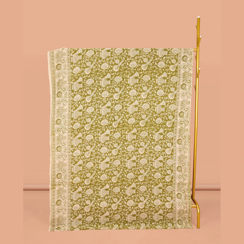 Pothys Green Machine-Printed Kalamkari Cotton Saree, Adorned with Floral and Floral Vase on Its Body, Subtly Printed Border, Pallu of Peacock Print, and Paired with a Printed Blouse