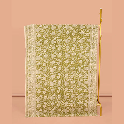 Pothys Green Machine-Printed Kalamkari Cotton Saree, Adorned with Floral and Floral Vase on Its Body, Subtly Printed Border, Pallu of Peacock Print, and Paired with a Printed Blouse