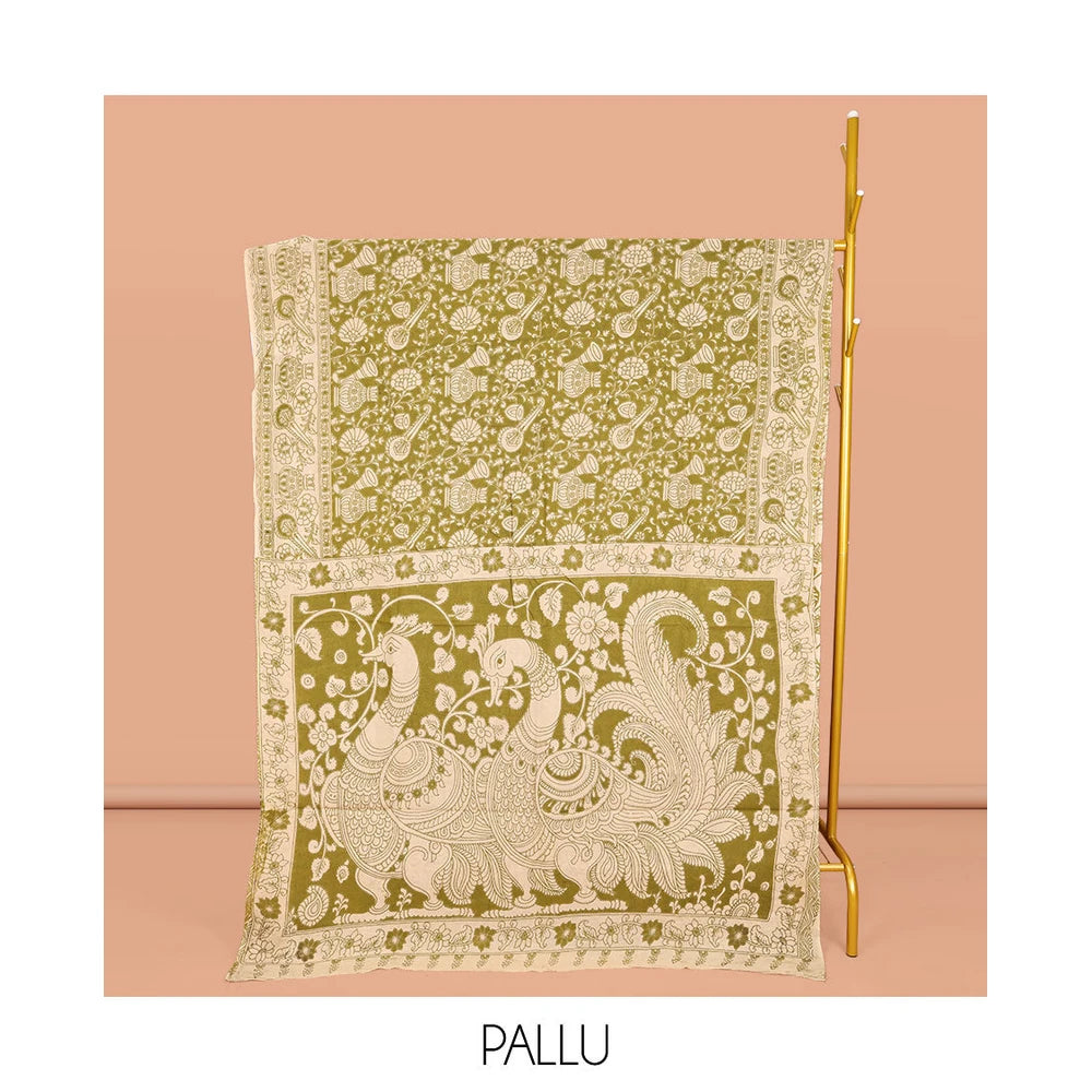 Pothys Green Machine-Printed Kalamkari Cotton Saree, Adorned with Floral and Floral Vase on Its Body, Subtly Printed Border, Pallu of Peacock Print, and Paired with a Printed Blouse
