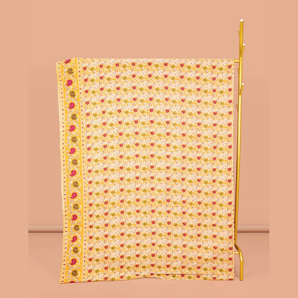 Pothys Yellow Machine-Printed Kalamkari Cotton Saree, Decked Up with Batik Vines on Its Body, Highlighted by a Self-Border of Batik Paisley Print, Pallu of Floral-Peacock Print, and Paired with a Printed Blouse