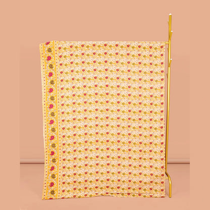 Pothys Yellow Machine-Printed Kalamkari Cotton Saree, Decked Up with Batik Vines on Its Body, Highlighted by a Self-Border of Batik Paisley Print, Pallu of Floral-Peacock Print, and Paired with a Printed Blouse