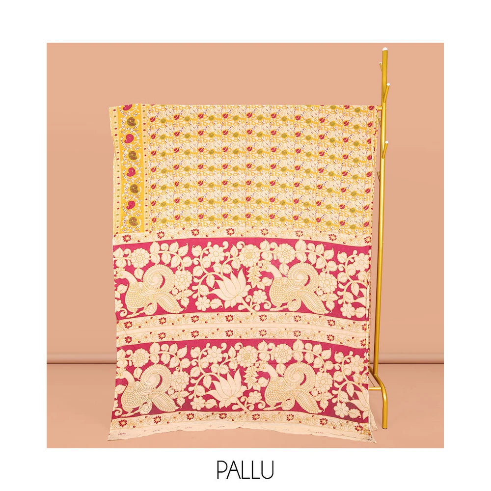 Pothys Yellow Kalamkari Cotton Saree with Batik Vine Print