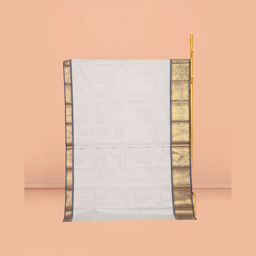 Pothys Grey Chettinad Cotton Saree, Adorned with Buttas All Over Its Body, Complemented by a Contrast Peacock Zari Design Border, Pallu of Stripes and Buttas, and Paired with a Matching Blouse