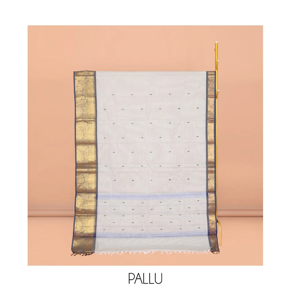 Pothys Grey Chettinad Cotton Saree, Adorned with Buttas All Over Its Body, Complemented by a Contrast Peacock Zari Design Border, Pallu of Stripes and Buttas, and Paired with a Matching Blouse
