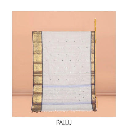 Pothys Grey Chettinad Cotton Saree, Adorned with Buttas All Over Its Body, Complemented by a Contrast Peacock Zari Design Border, Pallu of Stripes and Buttas, and Paired with a Matching Blouse