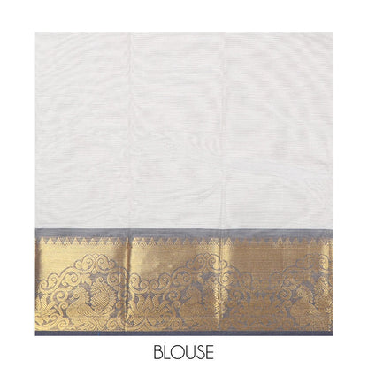 Pothys Grey Chettinad Cotton Saree, Adorned with Buttas All Over Its Body, Complemented by a Contrast Peacock Zari Design Border, Pallu of Stripes and Buttas, and Paired with a Matching Blouse