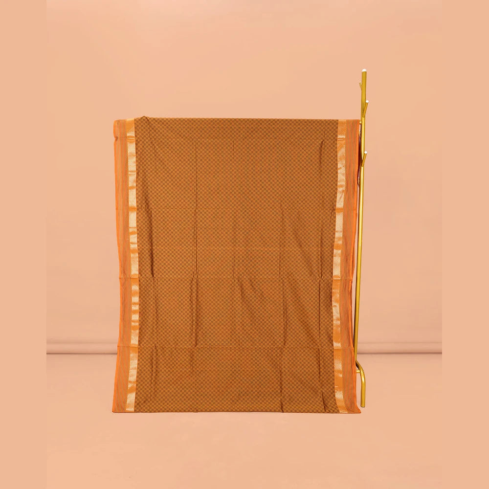 Pothys Brown Checked Poly Cotton Saree, Complemented by a Contrast Zari Border, Contrast Striped Pallu, and Paired with a Contrast Blouse