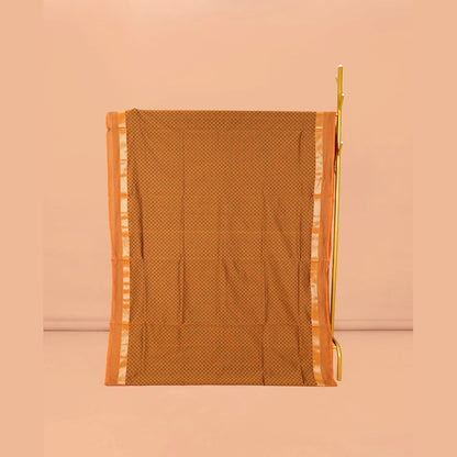 Pothys Brown Checked Poly Cotton Saree, Complemented by a Contrast Zari Border, Contrast Striped Pallu, and Paired with a Contrast Blouse