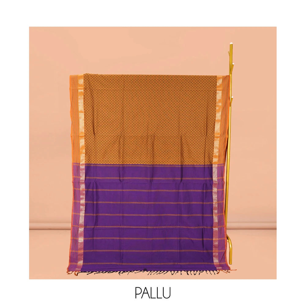 Pothys Brown Checked Poly Cotton Saree, Complemented by a Contrast Zari Border, Contrast Striped Pallu, and Paired with a Contrast Blouse