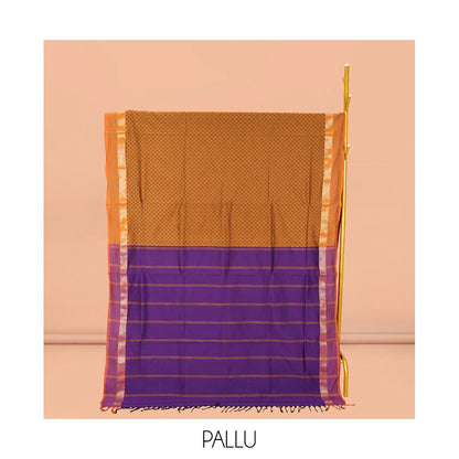 Pothys Brown Checked Poly Cotton Saree, Complemented by a Contrast Zari Border, Contrast Striped Pallu, and Paired with a Contrast Blouse