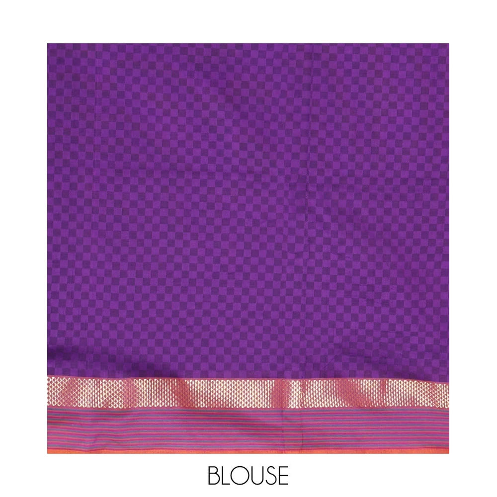 Pothys Brown Checked Poly Cotton Saree, Complemented by a Contrast Zari Border, Contrast Striped Pallu, and Paired with a Contrast Blouse