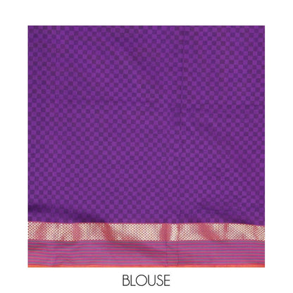 Pothys Brown Checked Poly Cotton Saree, Complemented by a Contrast Zari Border, Contrast Striped Pallu, and Paired with a Contrast Blouse