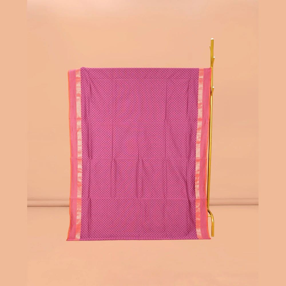 Pothys Pink Checked Poly Cotton Saree, Complemented by a Contrast Zari Border, Contrast Striped Pallu, and Paired with a Contrast Blouse
