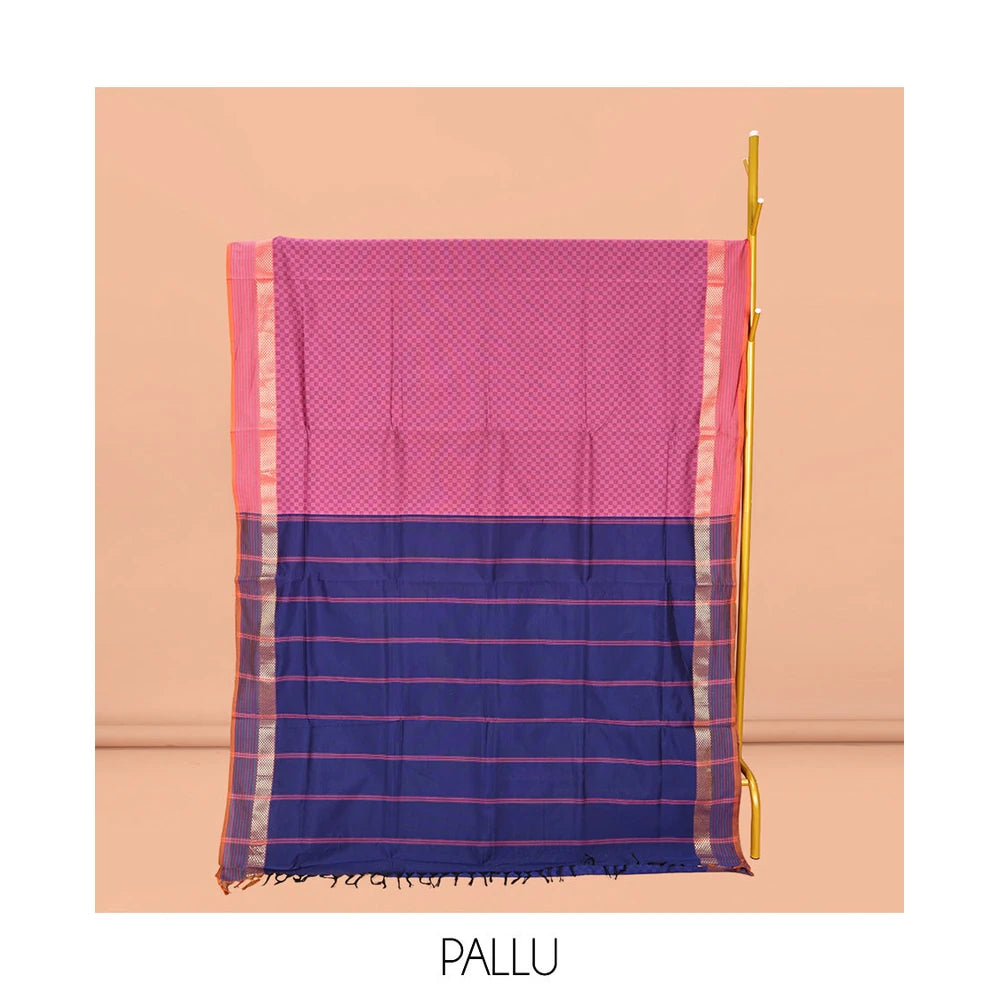 Pothys Pink Checked Poly Cotton Saree, Complemented by a Contrast Zari Border, Contrast Striped Pallu, and Paired with a Contrast Blouse