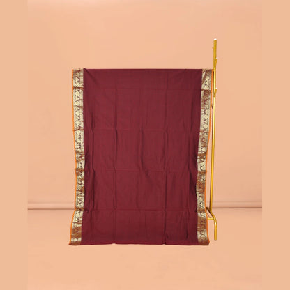 Pothys Maroon Plain Poly Cotton Saree, Complemented by a Contrast Traditional Zari Border of Temple and Rudraksham Designs, Contrast Striped Pallu, and Paired with a Contrast Blouse