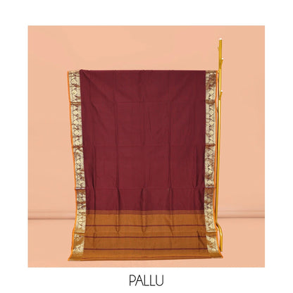 Pothys Maroon Plain Poly Cotton Saree, Complemented by a Contrast Traditional Zari Border of Temple and Rudraksham Designs, Contrast Striped Pallu, and Paired with a Contrast Blouse