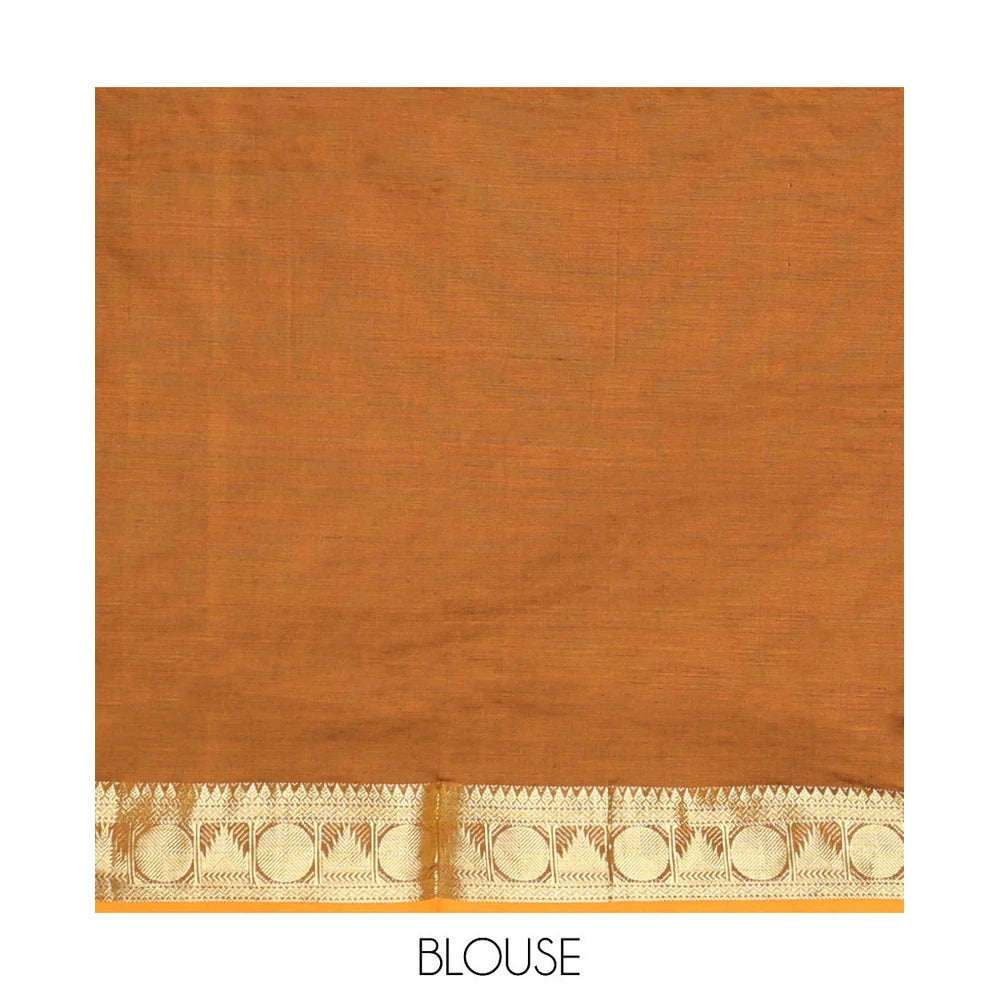 Pothys Maroon Plain Poly Cotton Saree, Complemented by a Contrast Traditional Zari Border of Temple and Rudraksham Designs, Contrast Striped Pallu, and Paired with a Contrast Blouse