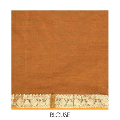 Pothys Maroon Plain Poly Cotton Saree, Complemented by a Contrast Traditional Zari Border of Temple and Rudraksham Designs, Contrast Striped Pallu, and Paired with a Contrast Blouse