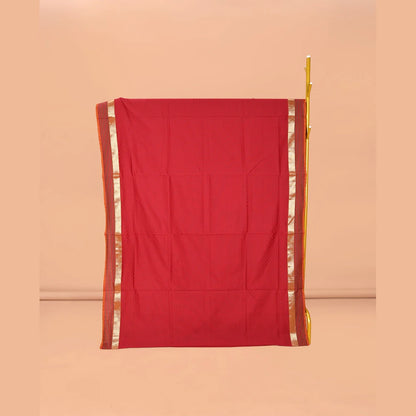 Pothys Red Poly Cotton Saree, Sparsely Sparkled with Checks, Complemented by a Contrast Traditional Zari Border, Contrast Striped Pallu, and Paired with a Contrast Blouse