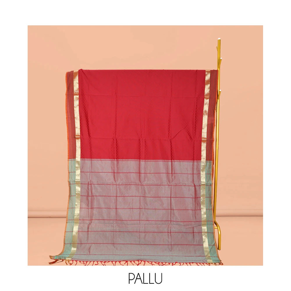 Pothys Red Poly Cotton Saree, Sparsely Sparkled with Checks, Complemented by a Contrast Traditional Zari Border, Contrast Striped Pallu, and Paired with a Contrast Blouse